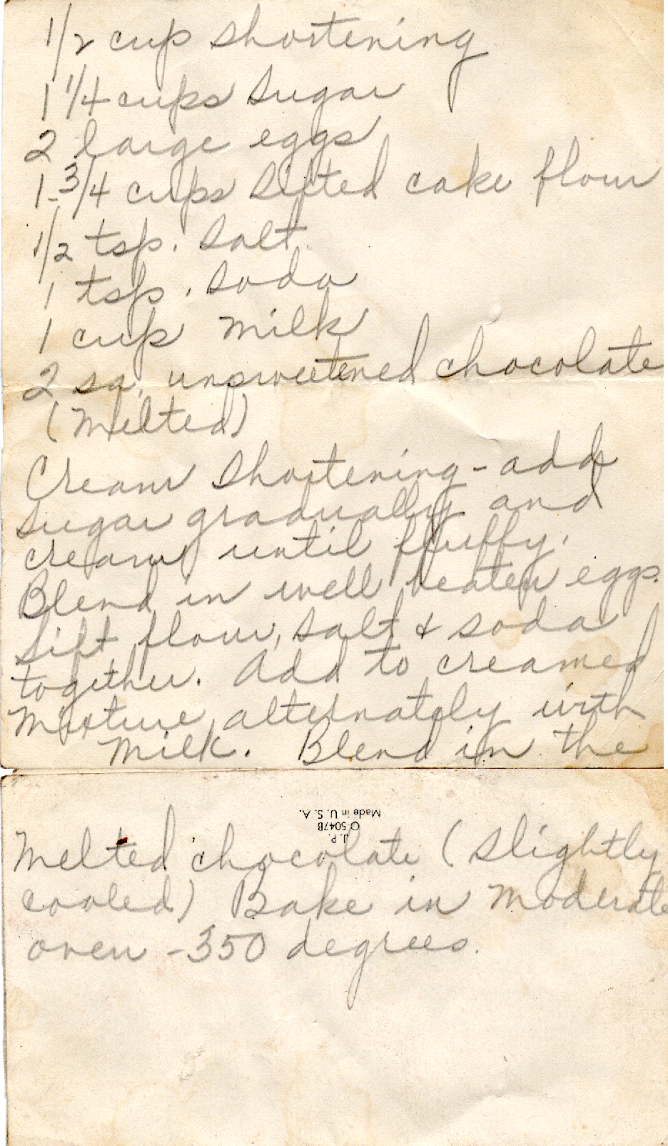 Original recipe card for Chocolate Cake