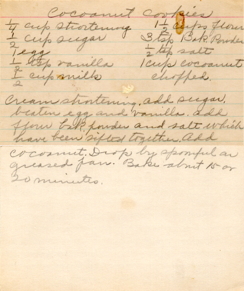 Original recipe card for Coconut Cookies
