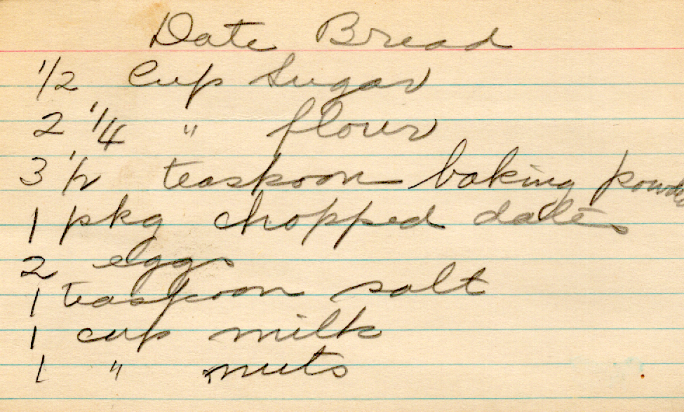 Original recipe card for Date Bread