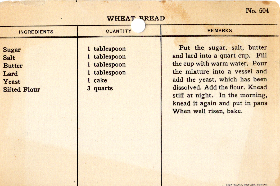 Original recipe card for Wheat Bread