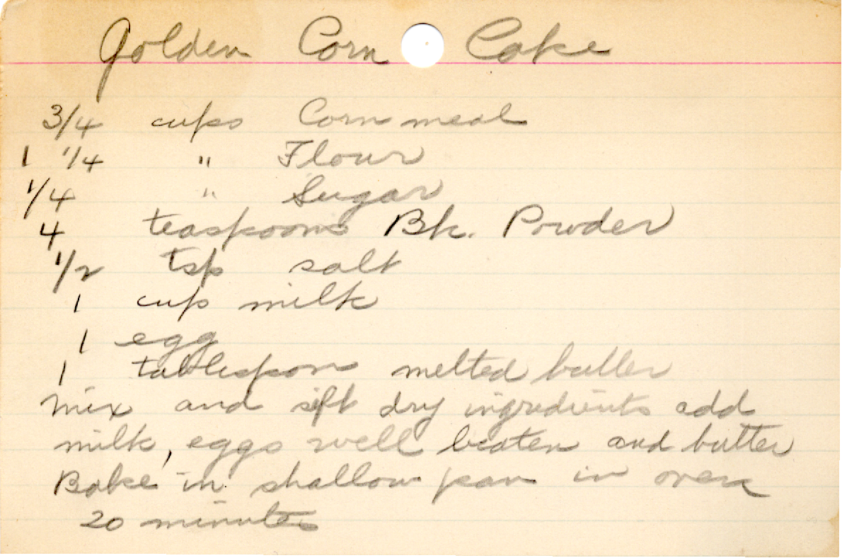 Original recipe card for Golden Corn Cake