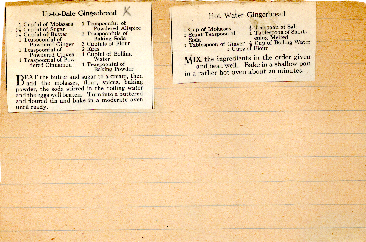 Original recipe card for Up-to-Date Gingerbread