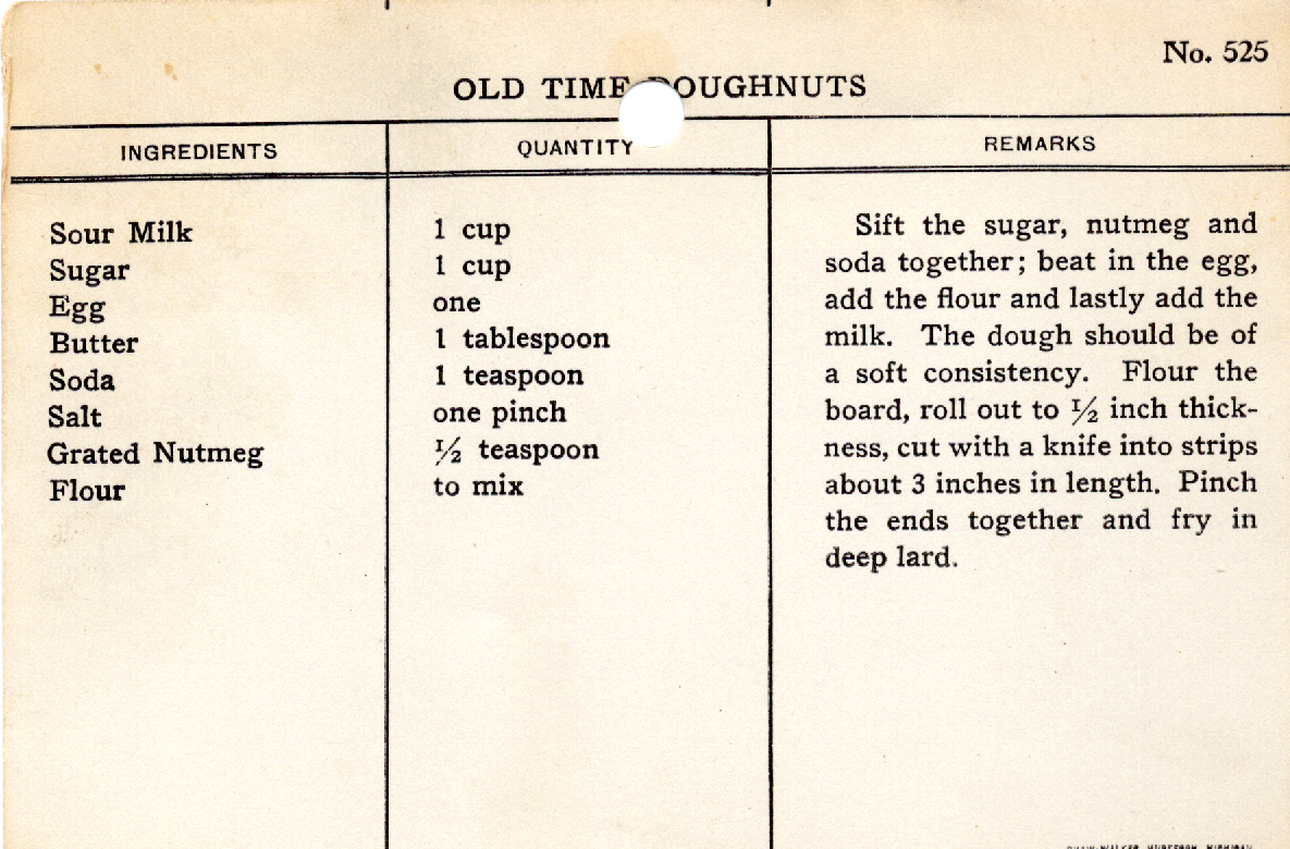 Original recipe card for Old Time Doughnuts