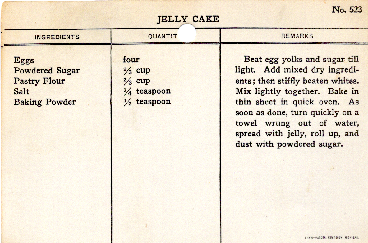 Original recipe card for Jelly Cake