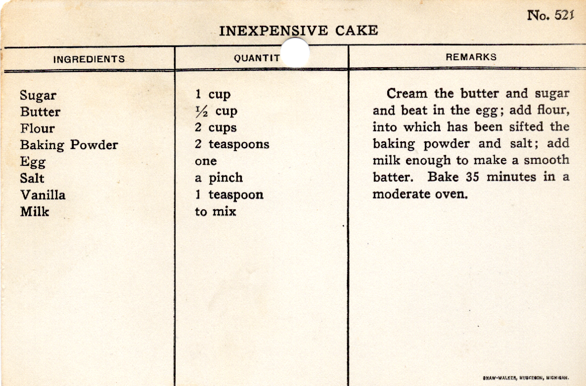 Original recipe card for Inexpensive Cake