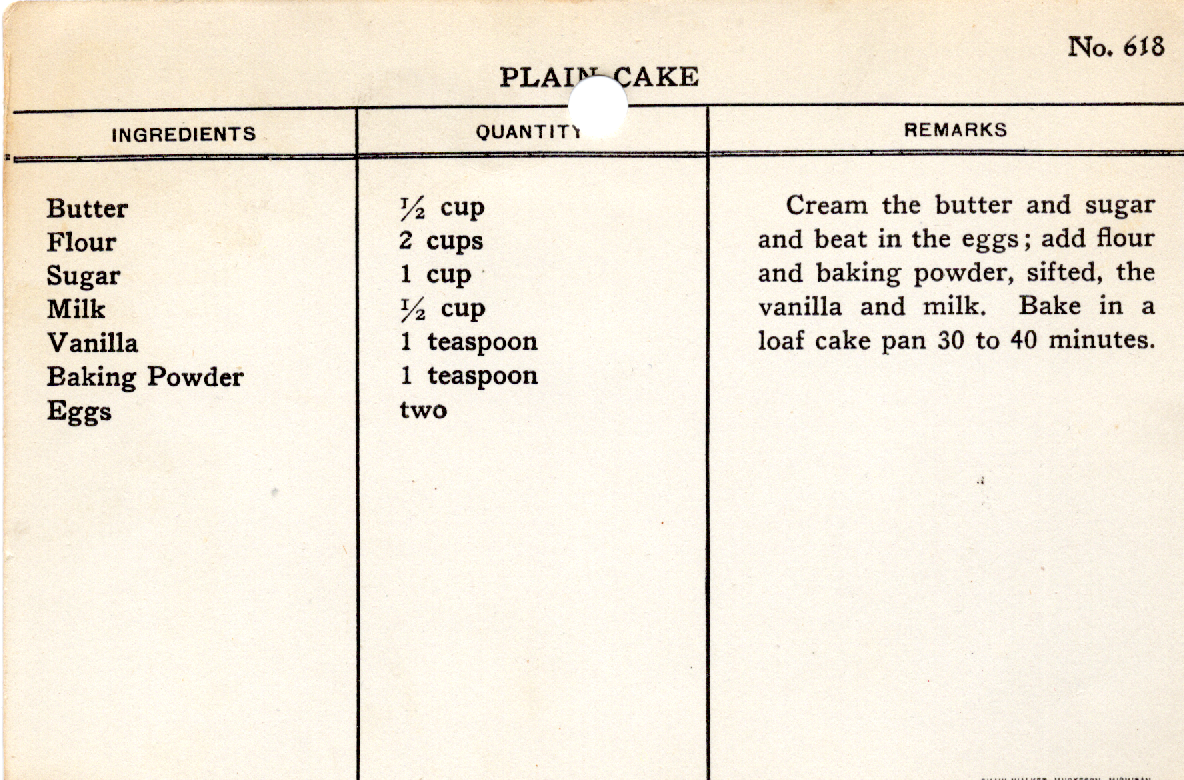 Original recipe card for Plain Cake