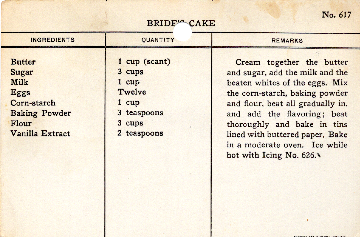 Original recipe card for Bride's Cake