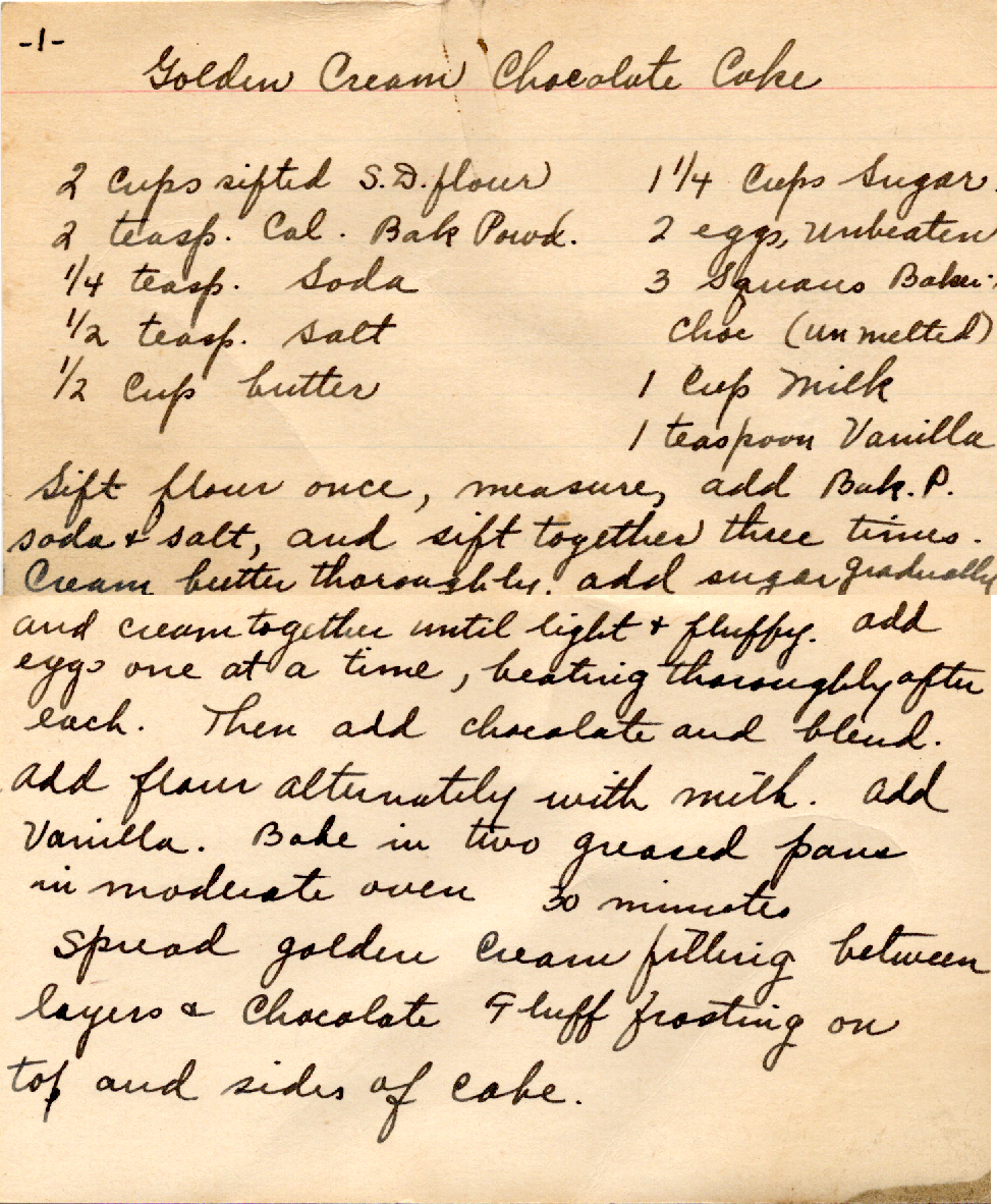 Original recipe card for Golden Cream Chocolate Cake
