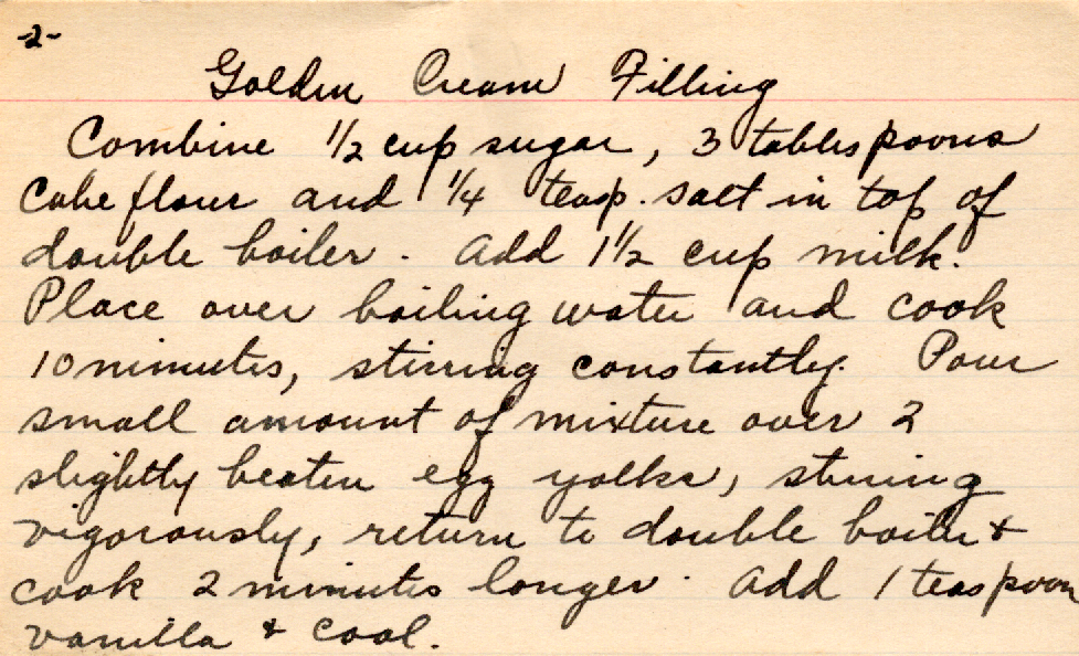 Original recipe card for Golden Cream Filling