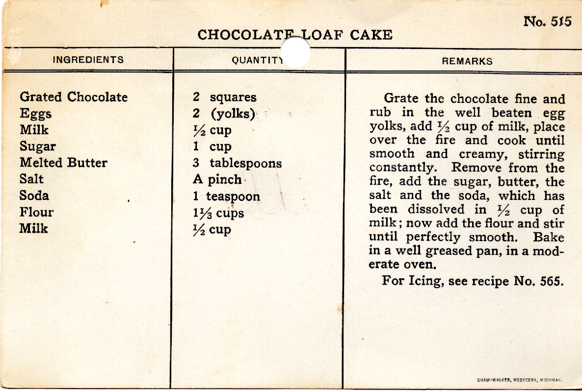 Original recipe card for Chocolate Loaf Cake