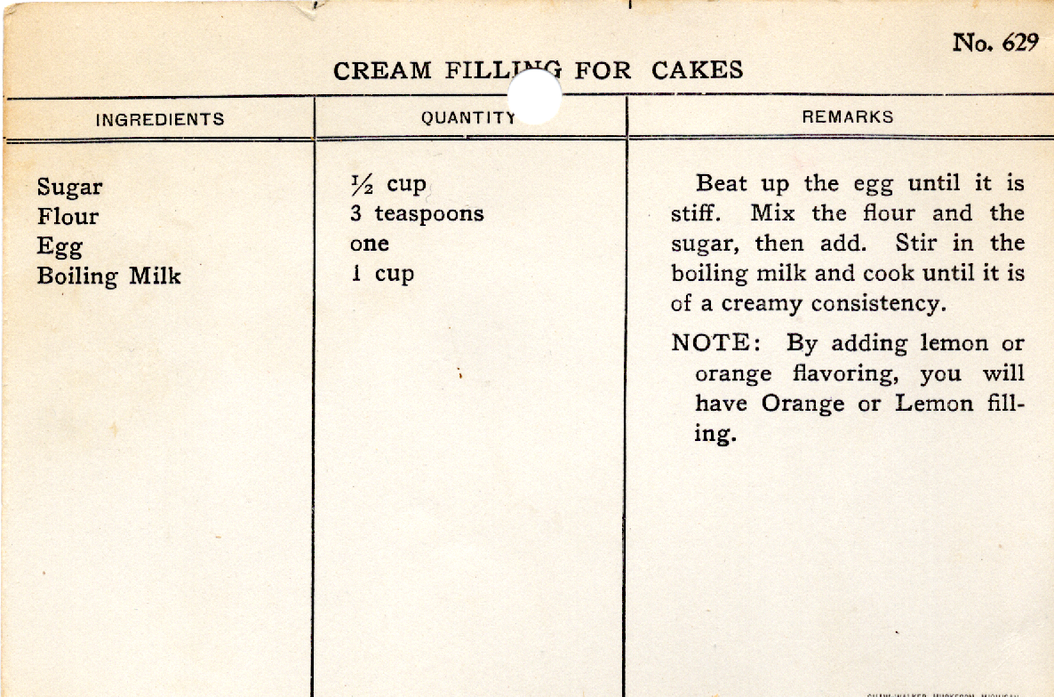 Original recipe card for Cream Filling for Cakes
