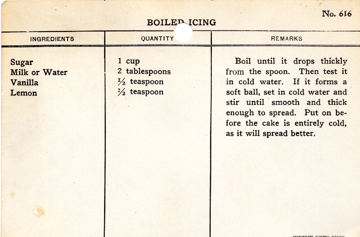 Original recipe card for Boiled Icing