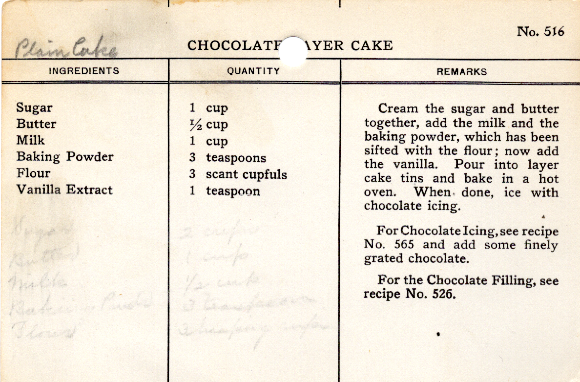 Original recipe card for Chocolate Layer Cake
