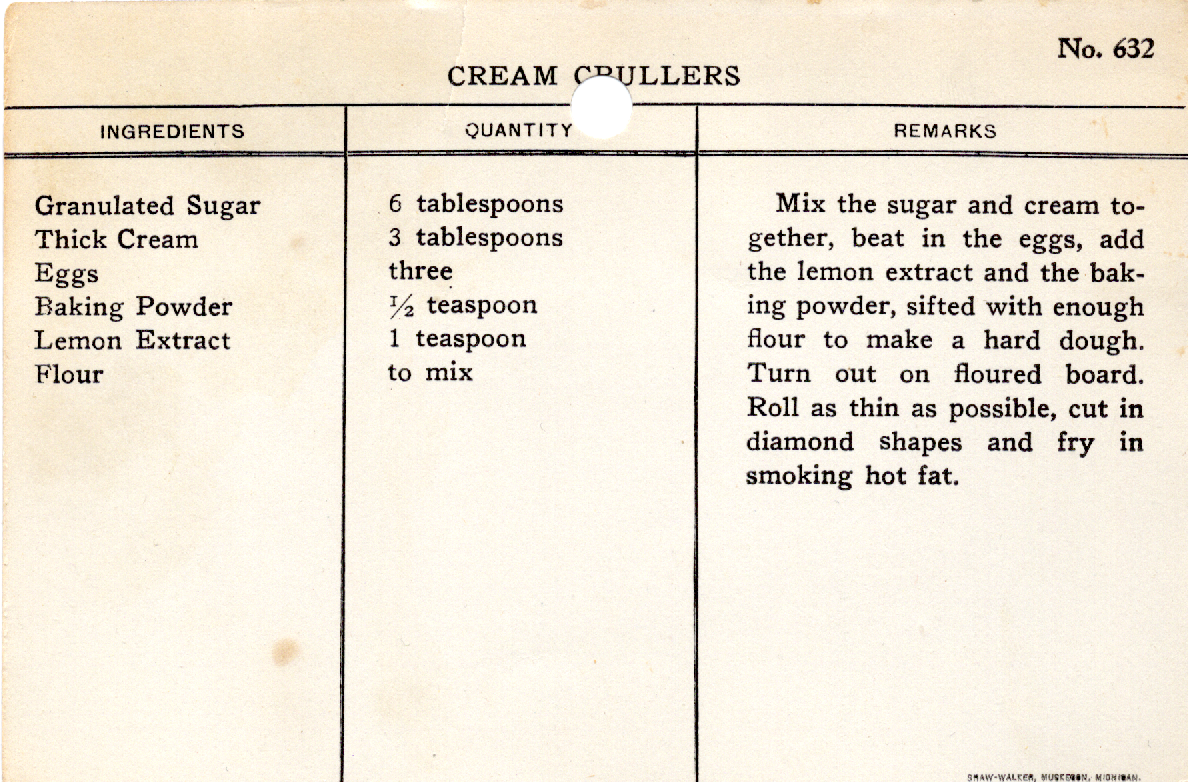 Original recipe card for Cream Crullers